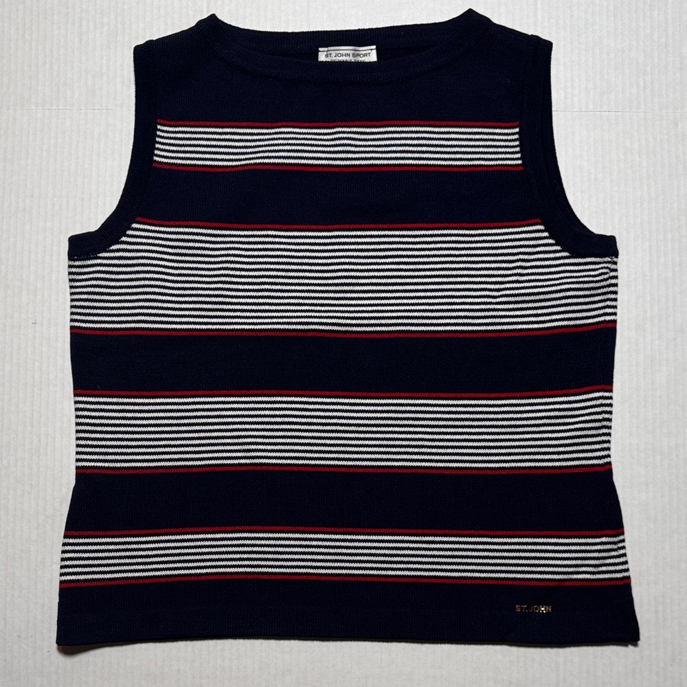 St. JOHN‎ SPORT MARIE GRAY Navy White Red Striped Sleeveless Tank Top Sweater M